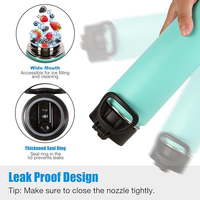 Volhoply 24 Ounce Insulated Water Bottle With Straw Lid,Stainless Steel Wide Mouth Sport Bottles With Handle,Double Wall Vacuum Thermos keep Cold,Reusable Travel Thermal Cups For Holder,Gym(Mint,1)