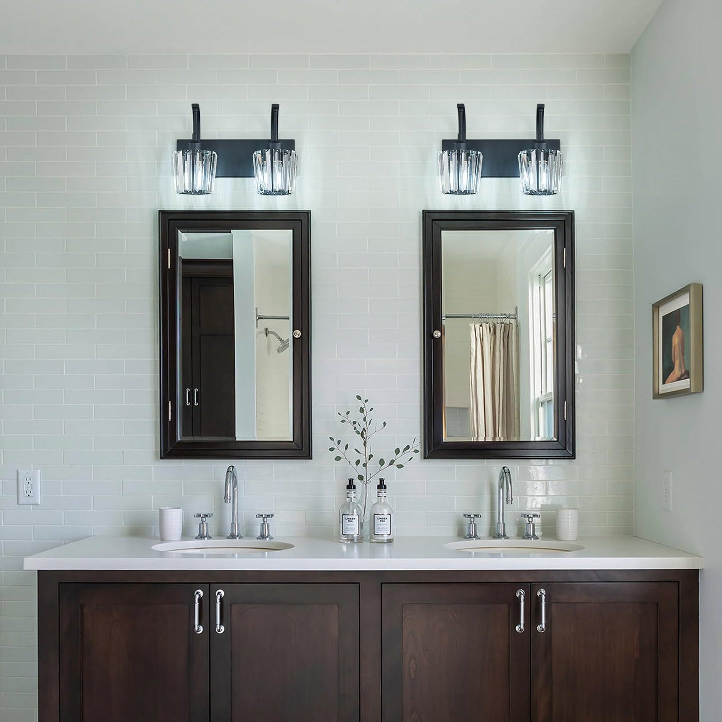 Fdpby Modern Bathroom Vanity Light  2-Light Black Wall Sconce With Crystal Accents  Over Mirror Bathroom Lighting Fixture  13.77 Long Dimmable Vanity Lamp For Makeup  Easy Installation