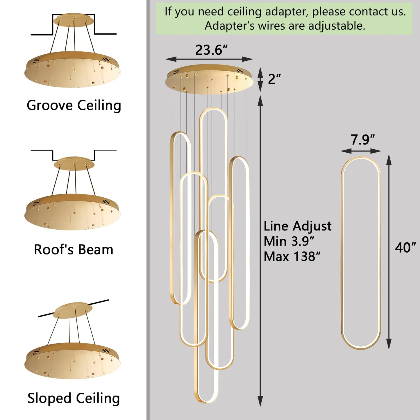 dolria 6-Rings Chandelier, Dimmable LED Light, Gold, 40in x 7.9in x 138in, Model PC1013-6*100G