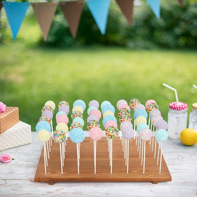 Wood Cake Pop Stand /w 300 Pcs Cake Pop Sticks and Wrappers - 48 Holes Cake Pop Holder Stand for Dessert Table- Lollipop Holder for Birthdays, Baby Shower, Weddings or Any Events.