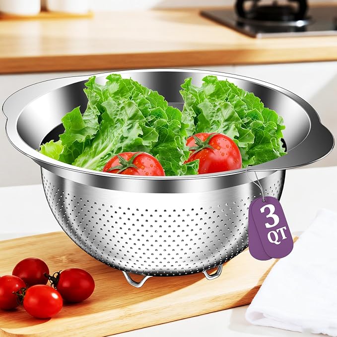 Stainless Steel Colander - 3QT Medium Capacity Strainer with Handle, Kitchen Food Strainer Basket for Washing Vegetables, Fruits, Rice, and Pasta, Kitchen Present for Women