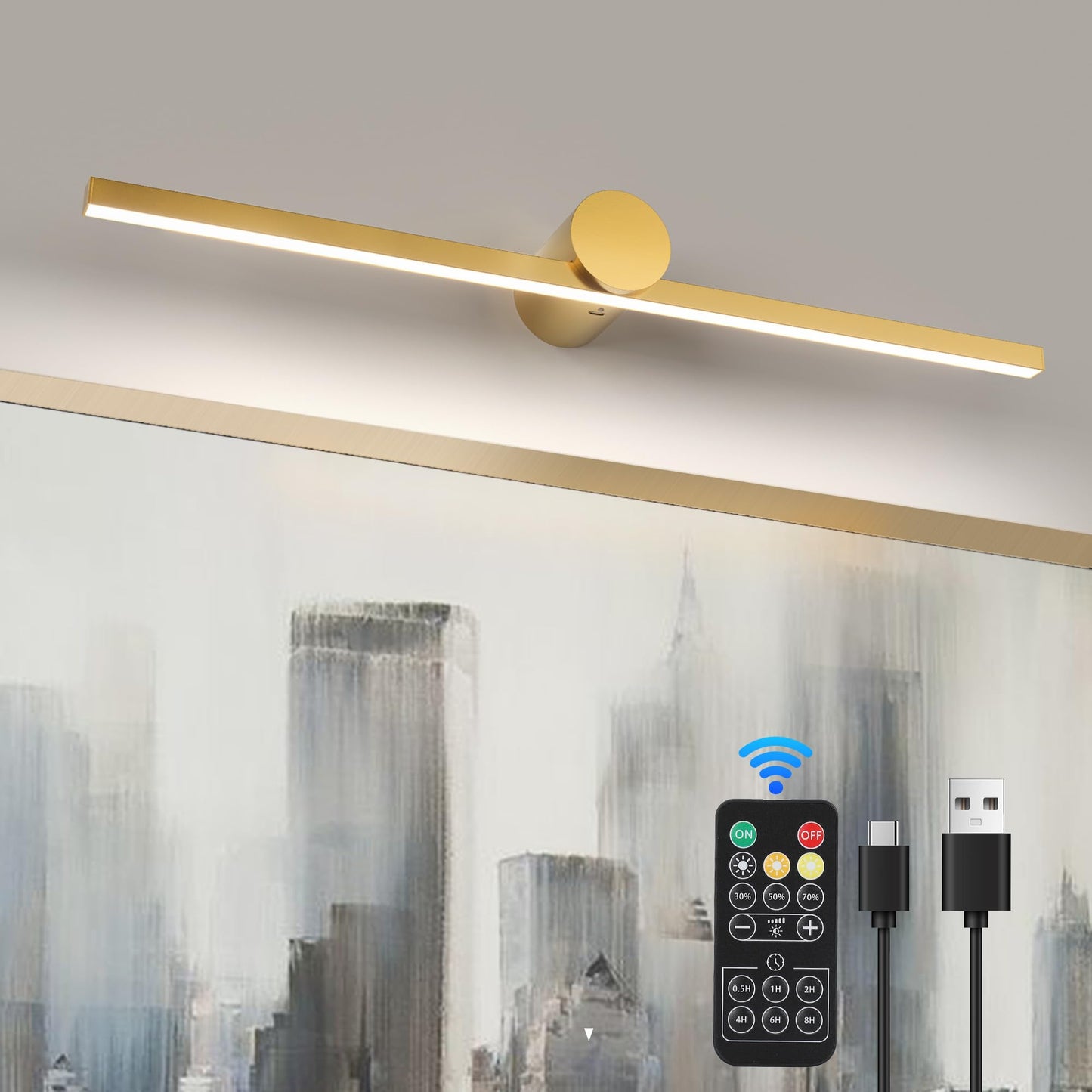 Zitostory Battery Operated Picture Light For Wall With Remote Minimalism Wireless Dimmable Art Lights For discomfort-reducingtings Rechargeable Gallery Light Artwork Lighting For Canvas  Portrait (Gold 23 Inch)