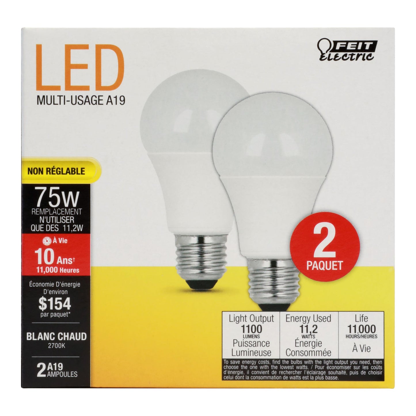 Feit Electric A19 LED Light Bulbs, 75W Equivalent, 1100 Lumens, E26 Base, 2700k Soft White, 2 Pack, Model A1100/