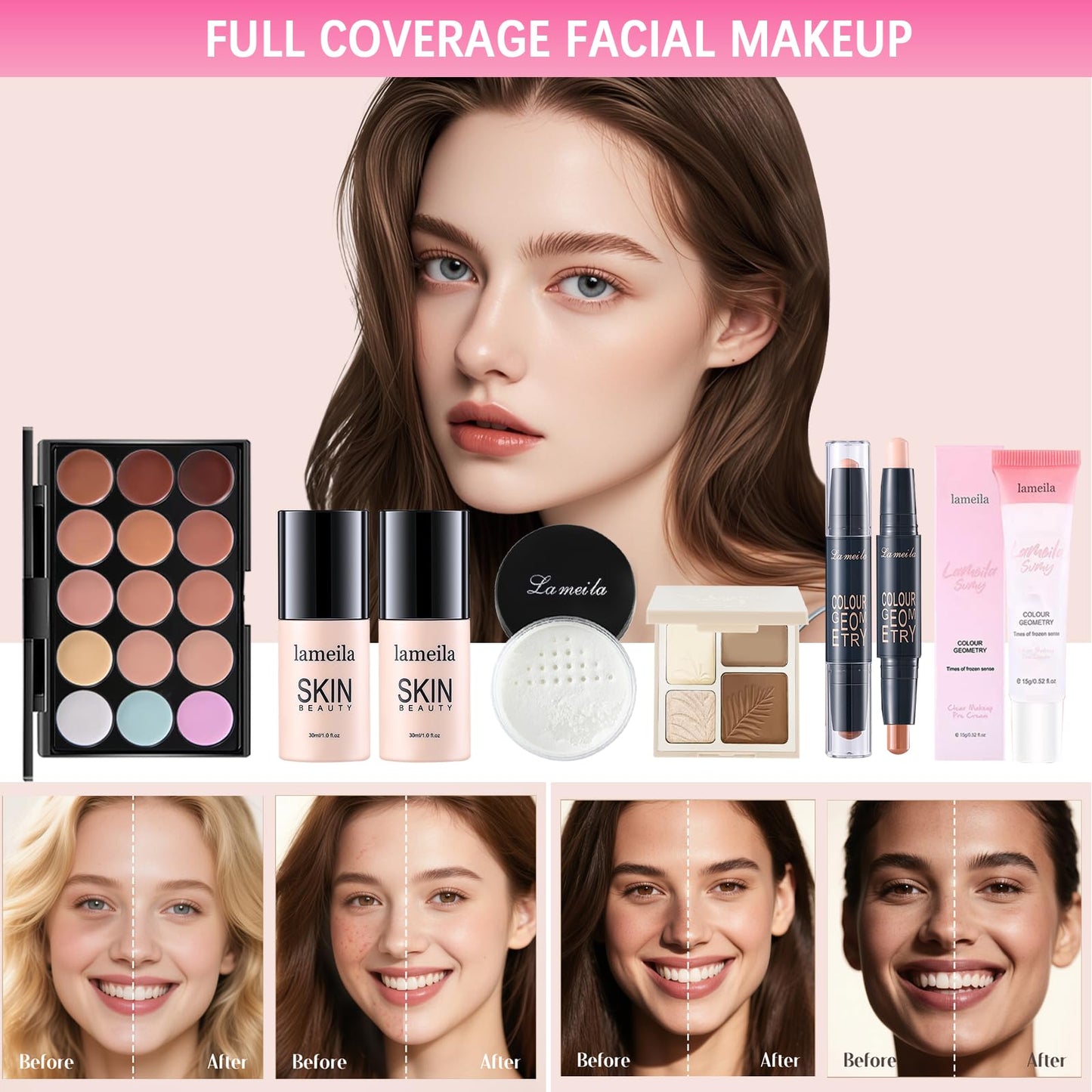 All in One Makeup Kit for Women Full Kit, Makeup Gift Sets for Women Teens Girls, Makeup Essential Bundle Includes Eyeshadow Palette Foundation Eyeliner Contour Stick Lip Gloss Cosmetic Brush Set