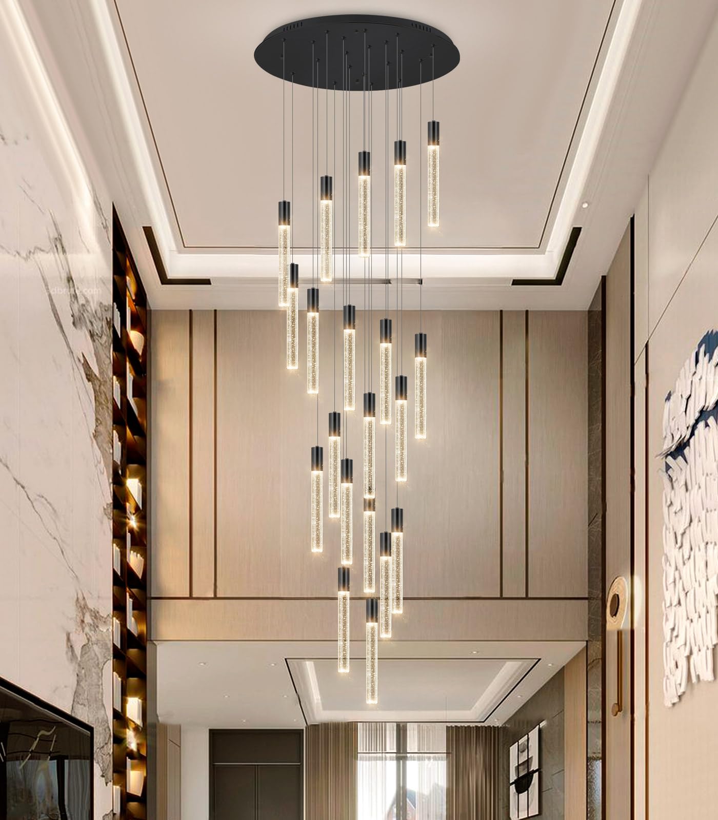 Haixiang 13 Foot High Ceiling Chandelier For Entryway Modern Crystal Lights For Living Room Foyer Flush Mount Sloping Ceiling Pendant Light Fixture Remote Dimmable 20-Lights Black