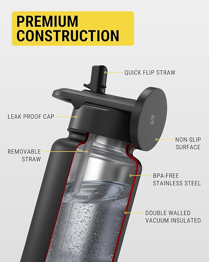 Scosche MFMS22 MagicMount Flask 22oz Stainless Steel Hot & Cold Insulated Sport Water Bottle w/Magnetic Mount Tripod Phone Stand Compatible w/MagSafe iPhone for Cup Holder/Gym/Men/Women/Travel/Black