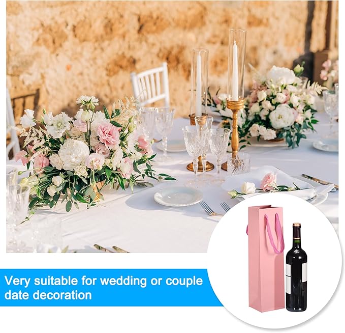 uxcell Wine Bags, 24pcs Pink 4 x 4 x 14 In Wine Gift Bags with Handles Paper Wine Tote Bag for Wedding Birthday Christmas Party Supplies