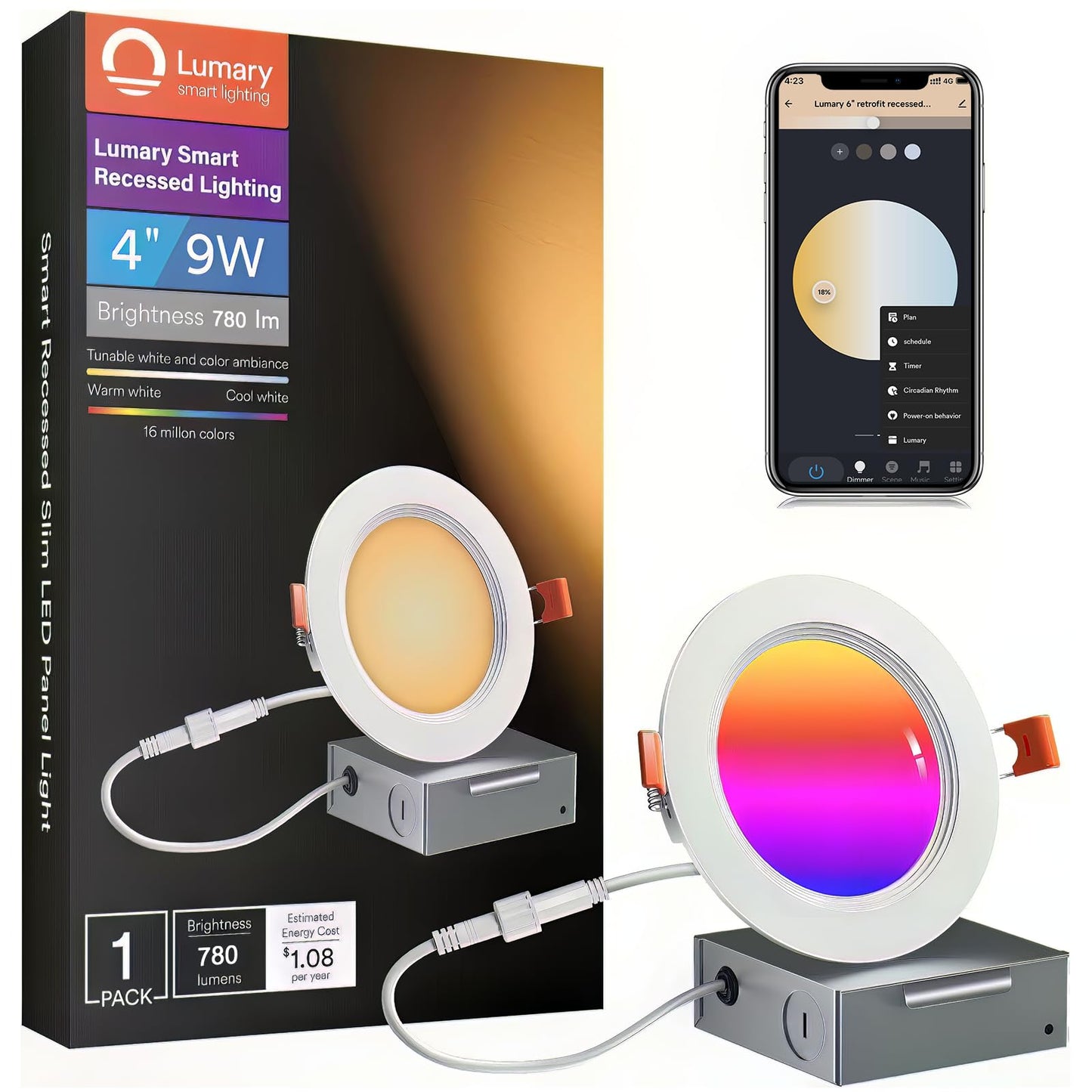 Lumary Smart Recessed Lighting 4 Inch  Canless Wifi Led Recessed Lights 9W  Rgbww Ceiling Downlight With Junction Box Ultra-Thin And Anti-Glare Trim Work With Alexa/Google Assistant/Bt Remote 1Pack