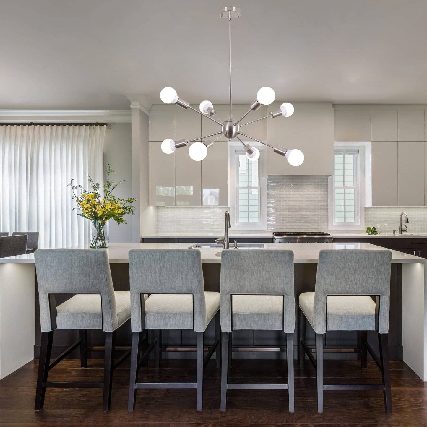 ETONIMERR Sputnik Chandelier, 8 Lights, Brushed Nickel, Mid Century Modern Ceiling Light Fixture, Model LS-D0005S-8-SN