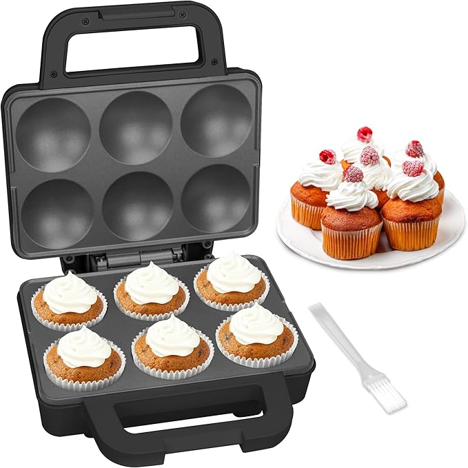 6-Count Cupcake Maker Machine, Bakes 6 X 2.5 Inch Cupcakes, Muffins, Pizza Cups, Cinnamon Buns, Cool-touch Handle, Non-stick Coating, Recipe Included, Graphite