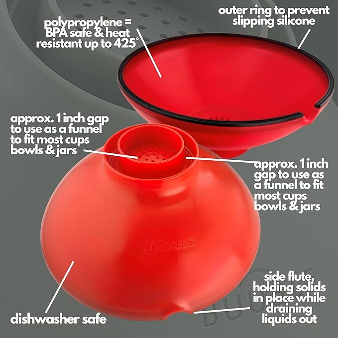 Ultimate Grease Drainer & Food Strainer (Red) Premium Heat-Resistant Silicone Colander for Bacon, Ground Beef, Pasta & Veggies; Fits Pans, Cans & Jars; Dishwasher Safe