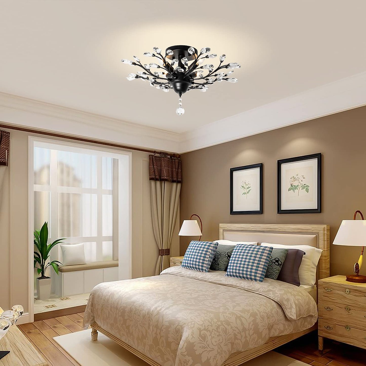 Ganeed Crystal Chandelier, Vintage K9 LED Ceiling Light, 4-Light Flush Mount, Black, Model GLM-XDD-4B