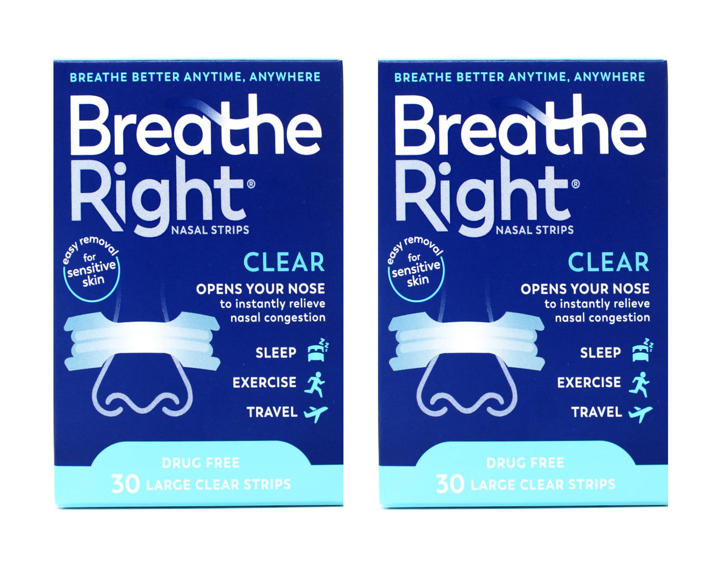 Breathe Right Nasal Strips to Stop Snoring, Drug-Free, Clear for Sensitive Skin, 30 count (Pack of 2) ( Pack May Vary )