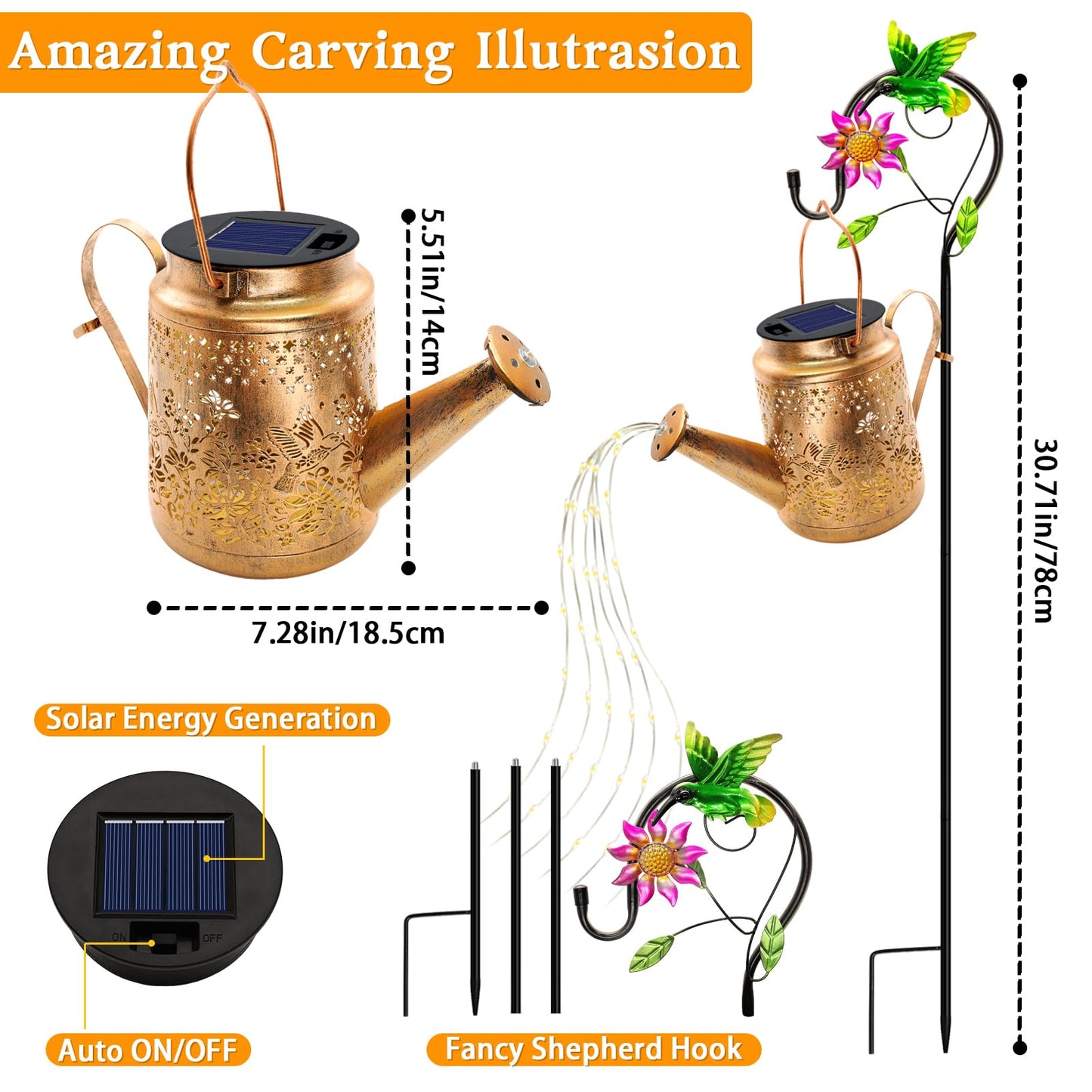Solar Lanterns Outdoor Waterproof  Hummingbird Flower Watering Can Garden Decor  Hanging Lights Path Lights Yard Patio Decorations Gardening Birthday Gift For Mom Grandma Girlfriend With Shepherd Hook