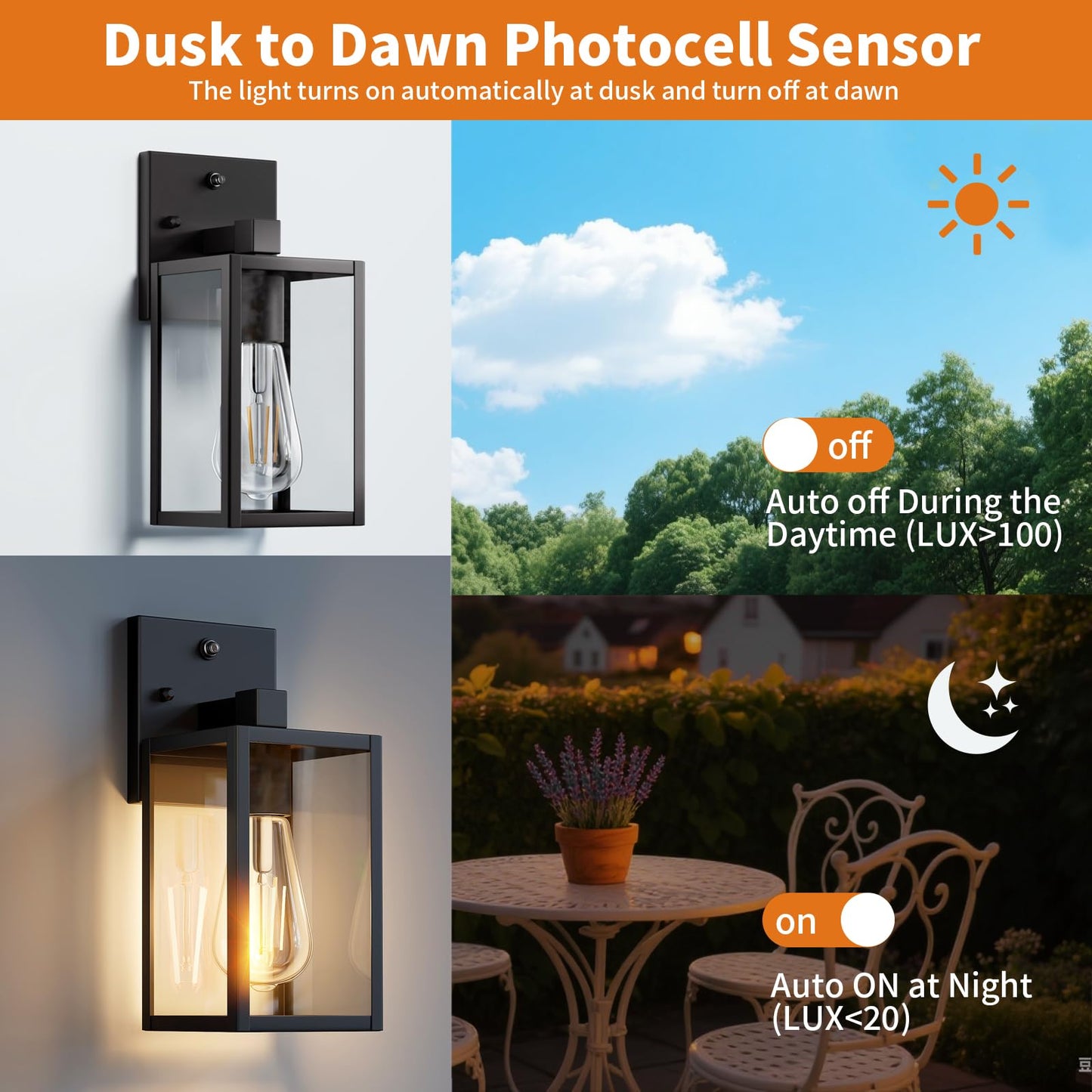 2 Pack Dusk To Dawn Exterior Lighting Fixtures Wall Mount  Sensor Outside Front Porch Lights For House  Outdoor Lantern Lamp  Waterproof Wall Sconce Lights  Black Coach Light For Garage Entryway