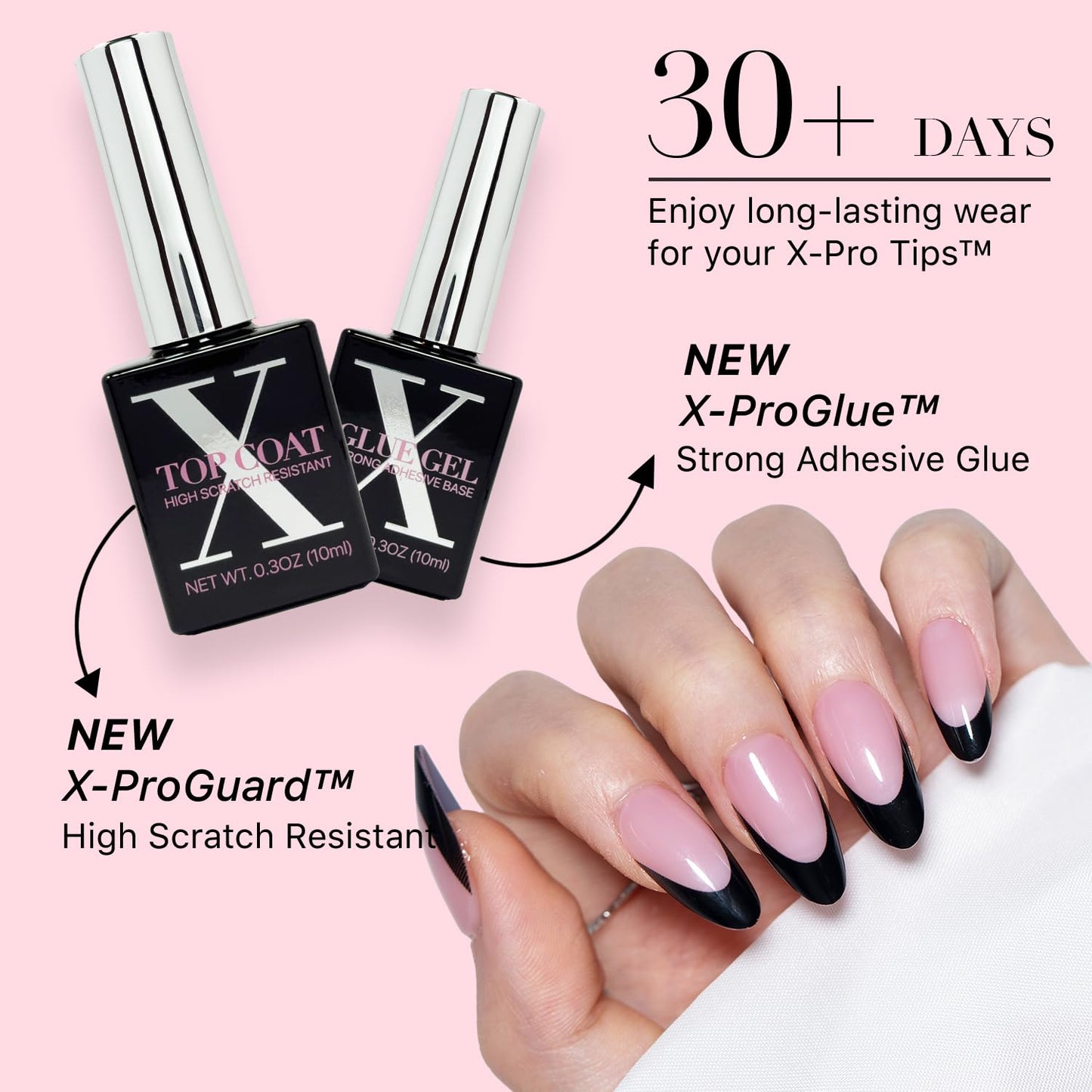 SXC Cosmetics French Tip Press On Nails - Black Series, Medium Almond, X-Pro Tips Starter Kit | 150PCS, 15 Sizes, 5 Styles, Begi