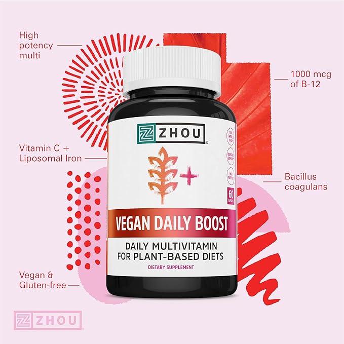 Zhou Vegan Essentials Multivitamin Supplement, B Vitamins, Energy, Vitamin C, Zinc, Immune System Function, Iodine Thyroid Support, Liposomal Iron, Plant-Based Diet Multivitamin, 60 Veg Caps