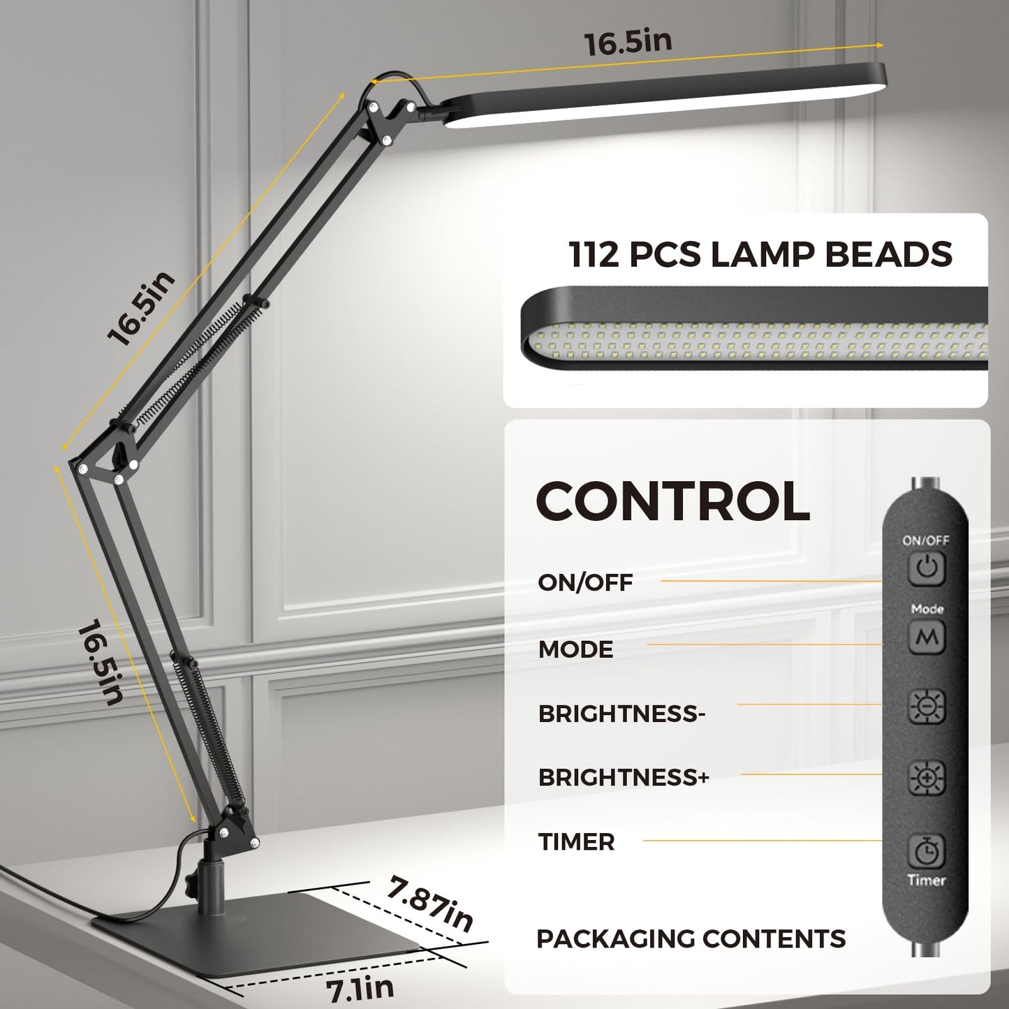 SKYLEO LED Desk Lamp - Adjustable Swing Arm, Dimmable, 1300LM, 12W, Metal, Black, Model A018