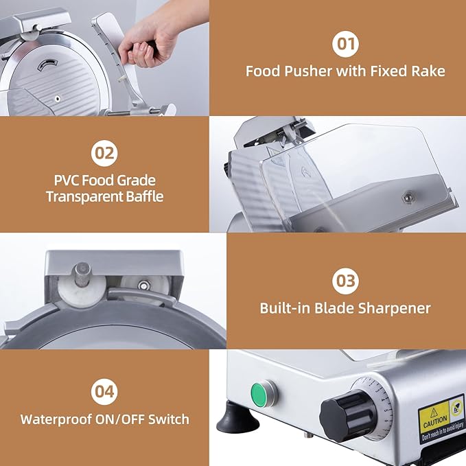 Meat Slicer Machine, 10 inch 240W Commercial Meat Slicer, Frozen Meat Cheese Deli Slicer with 0-13mm Adjustable Thickness, Chromium Plated Semi-Auto Food Slicer for Commercial & Home