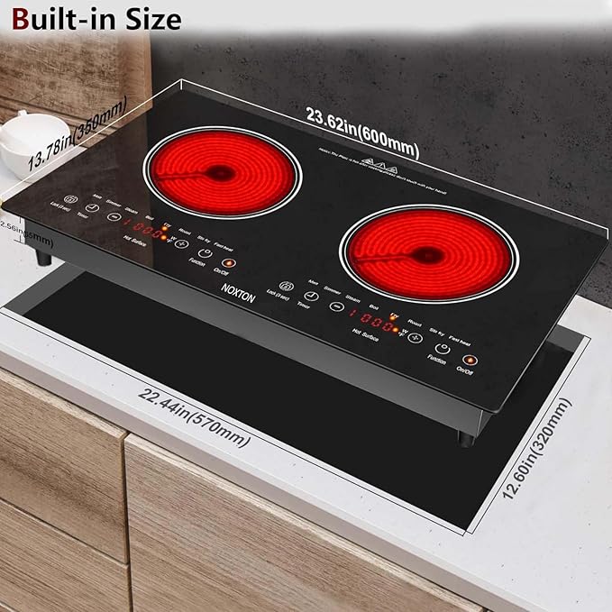 Noxton 2 Burners Electric Cooktop, 24" Built-in & Countertop Stove, Two Burner Ceramic Cooktop with Child Safety Lock, Timer, Touch Sensor Control, Portable 110V Plug-in Cooktop