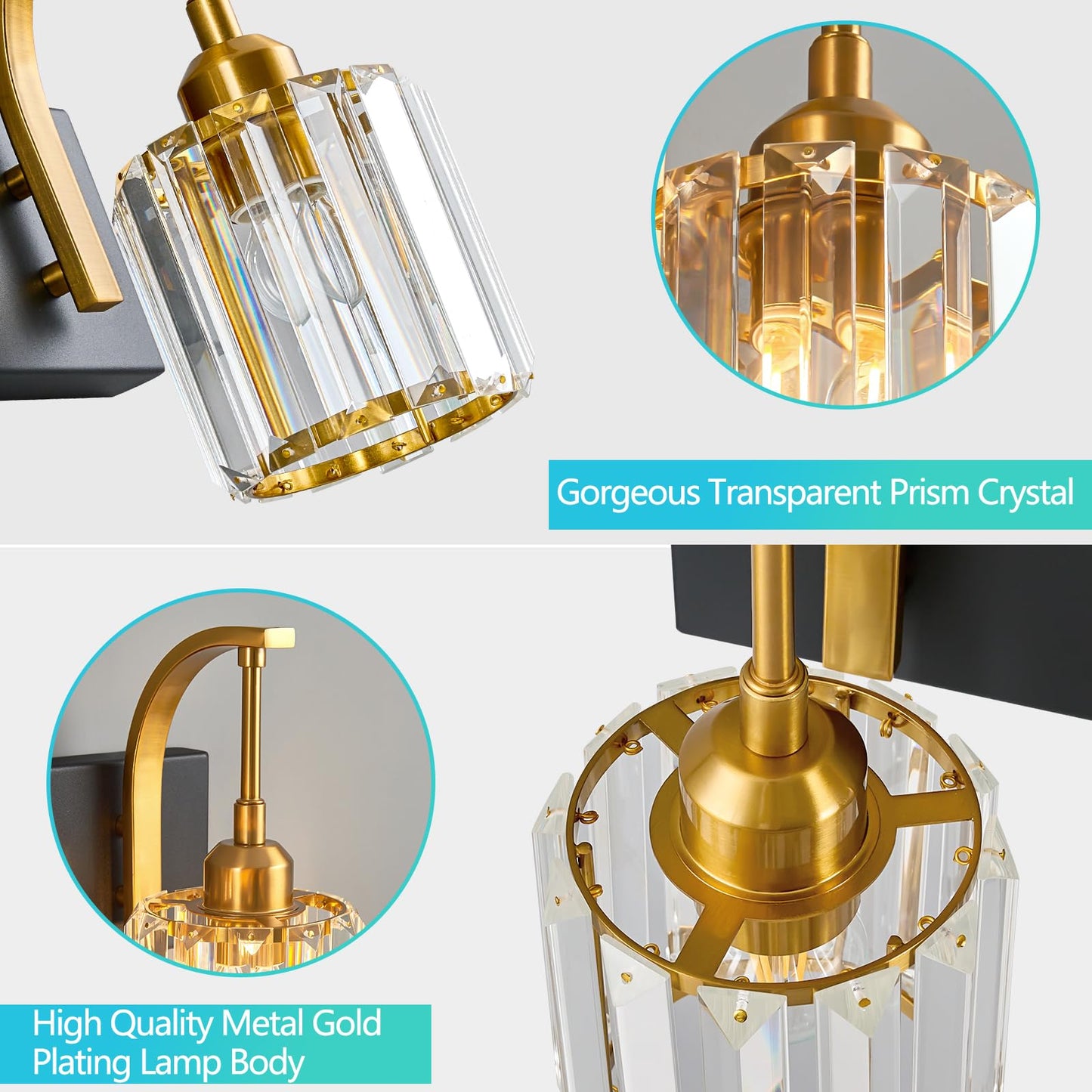 Fdpby 4-Light Crystal Vanity Light  Modern Black Gold Bathroom Wall Sconce With K9 Crystal Shades  32.67 Long Over Mirror Lighting For Vanity  Makeup  Hallway  Elegant & Easy Install