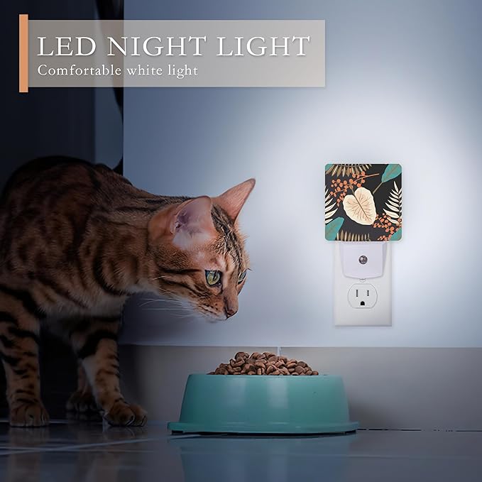 Tropical Leaves Night Light - Plug into Wall, Blue Orange and Black Flowers Night Light with Dusk to Dawn Sensor for Room Decor, Hallway, Kitchen, Bathroom