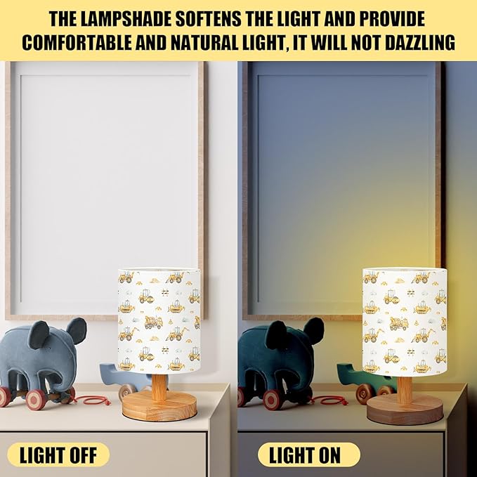 VIHOSE Construction Kids Table Lamp for Bedroom Kids Bedside Lamp with Linen Wooden Nightstand Cartoon Nursery Lampshade for Girls Boys Living Room