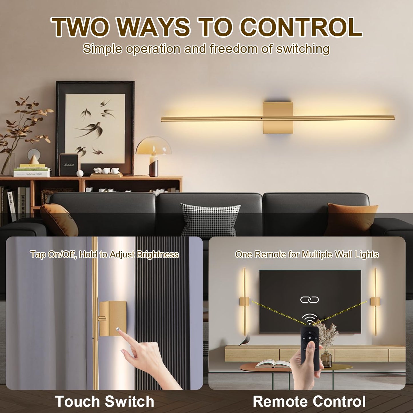 Linkenail Battery Operated Wall Sconces Set of 2, USB Rechargeable, Dimmable Touch, 32 Inch, Gold, Model XTFD-DC-JS