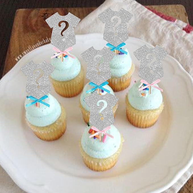 Rsstarxi 24 Pack Gender Reveal Cupcake Toppers Pink or Blue Bow Tie Boy or Gir Cupcake Picks Decorations for Baby Shower Gender Reveal Party Cake Decorations Silver