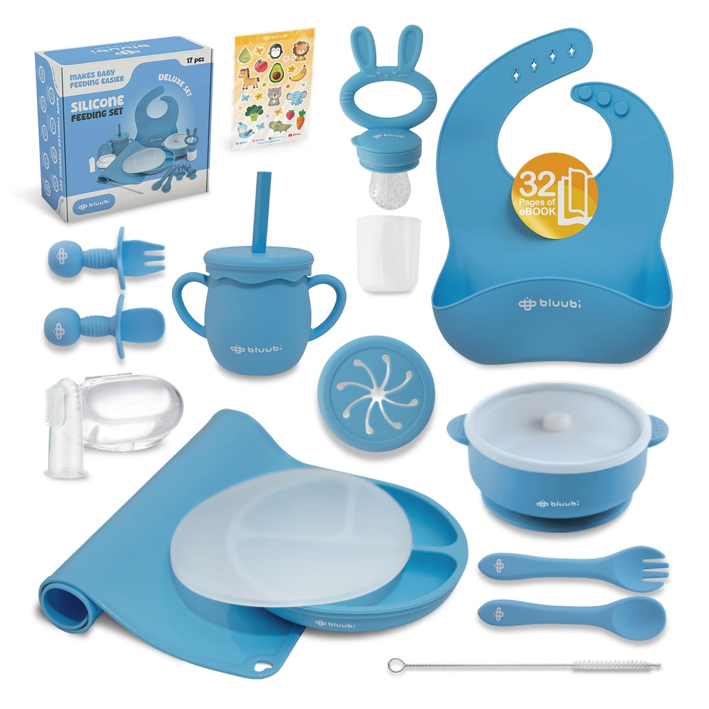 Bluubi Silicone Baby Feeding Set - Infant Tableware for First Foods & Baby, Led Weaning (0+ Months), Easy to Clean, Durable, Perfect for Baby Boy or Girl, Solid Feeding - Blue - Deluxe
