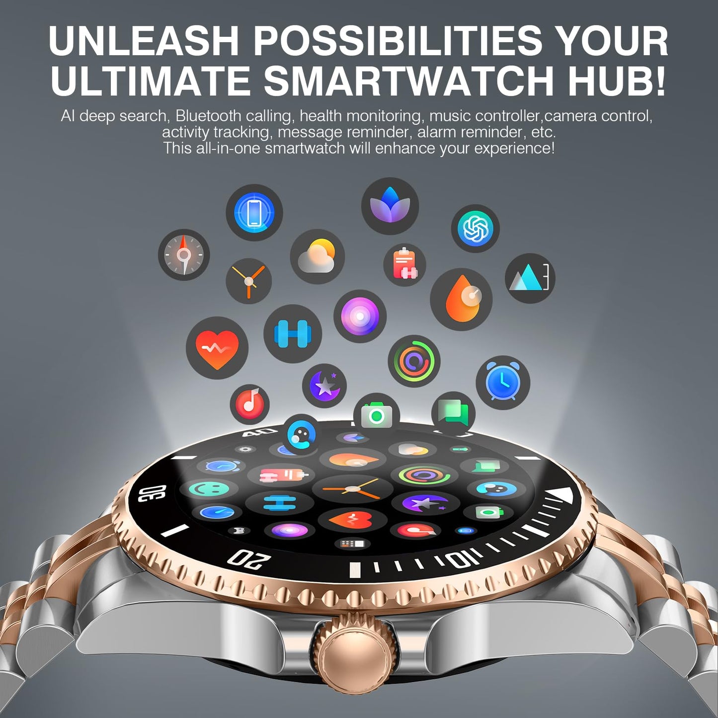 2025 DA GPT Smart Watch with Bluetooth Call,1.19-inch AMOLED Display, 24/7 Heart Rate, Blood Oxygen, Blood Pressure, Sleep Monitor, 107 Sports Fitness Tracker, Compatible Android and iOS Silver Gold