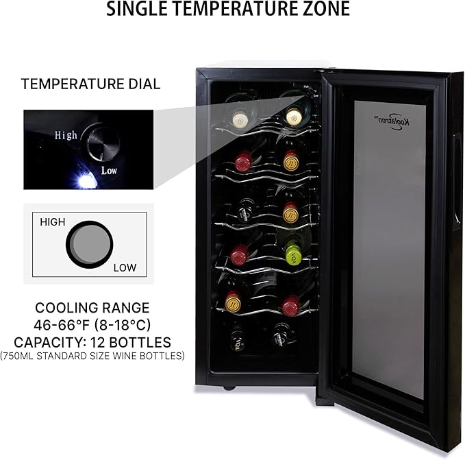 Koolatron 12 Bottle Wine Fridge – Freestanding Wine Cooler with Glass Door, 1.2 Cu Ft (33L) Beverage Can Refrigerator, Digital Temperature Control, Ideal for Red, White & Sparkling Wine, Champagne