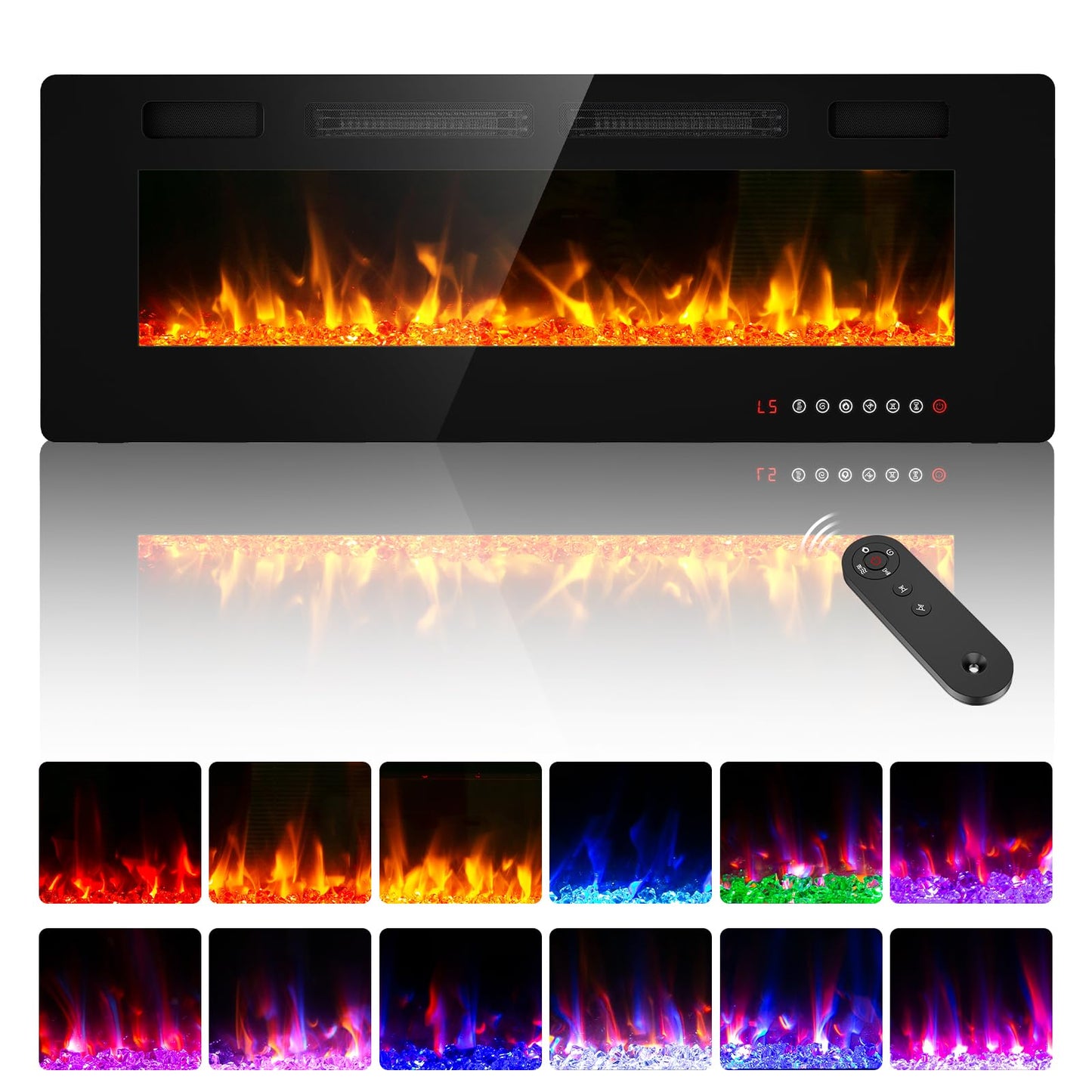 50 Ultra Thin Electric Fireplace, Wall Mounted & Freestanding, Led Fireplace Insert, Wall Fireplace For Living Room/Bedroom W/To