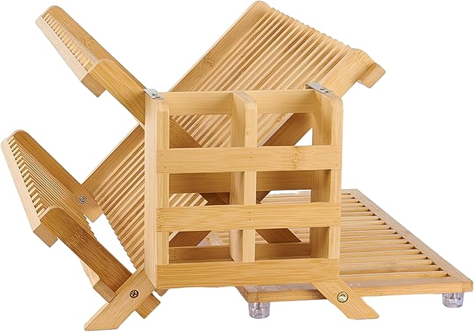 Bamboo Dish Drying Rack with Utensil Holder, Collapsible Wooden Dish Drainer Rack, 3-Tier Large Folding Drying Holder for Kitchen Counter 51 pcs Grid