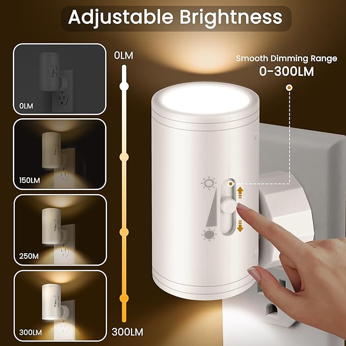 LED Plug-in Wall Night Light with Dimmable 0-300 Lumens, 3000K Soft White, Auto On/Off Light Sensor & Adjustable Head for Hallway, Stairs, Bedroom,2 Pack