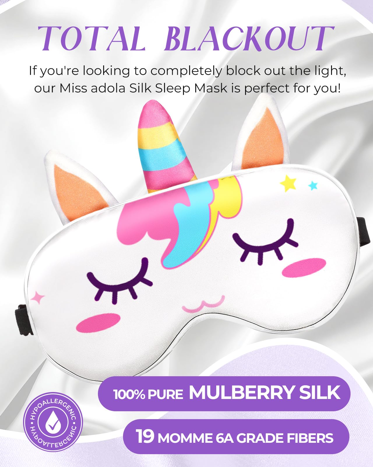 Miss Adola Sleep Mask for Kids - Valentines Gift for Kids Cute Silk Eye Cover for Sleeping Soft Kawaii Eyeshade Animal Eye Blindfold with Adjustable Strap for Girls Teens, Unicorn