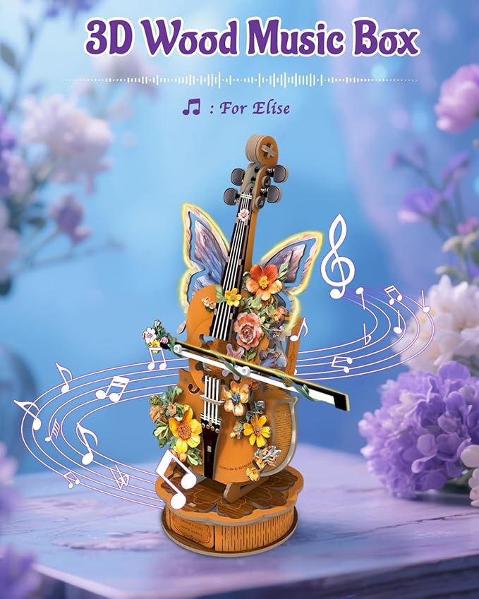 3D Wooden Puzzles for Adults, DIY Cello Model Kit with Base, 80pcs Wooden Music Box Desk Birthday Hobbies Craft for Women Men Home Decor