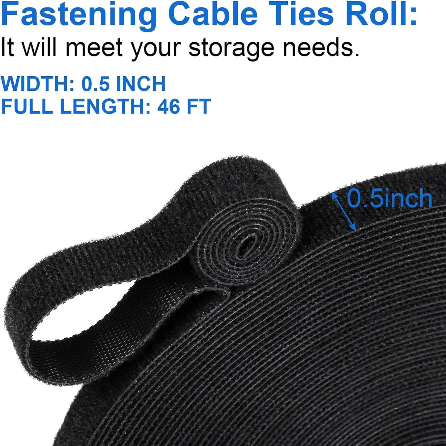 OneLeaf 46ft x 1/2inch Fastening Cable Ties Roll, Reusable Self-Gripping Strips, Double Sided Hook and Loop Tape Cable Management, Cut to Length Straps, Black Heavy Duty Wire Management