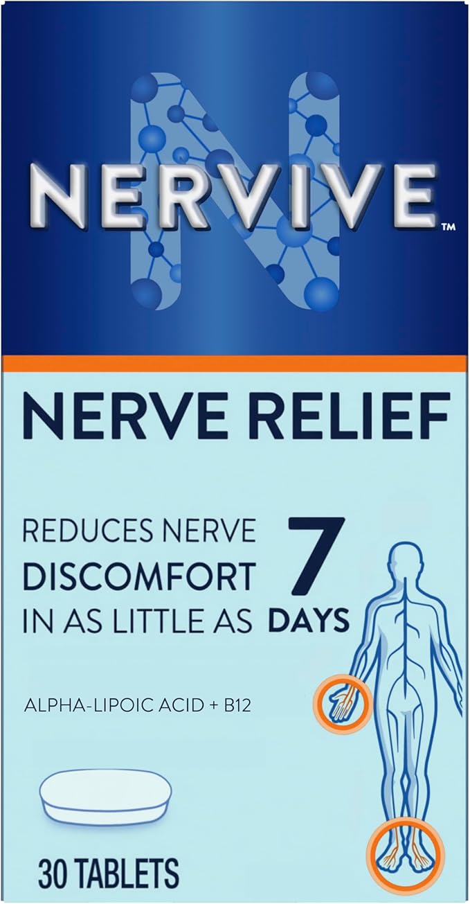 Nervive Nerve Relief, with Alpha Lipoic Acid, to help Reduce Occasional Nerve Discomfort in as Little as 7 Days, ALA, Vitamins B12, B6, & B1, Turmeric, Ginger, 30 Tablets (Packaging May Vary)