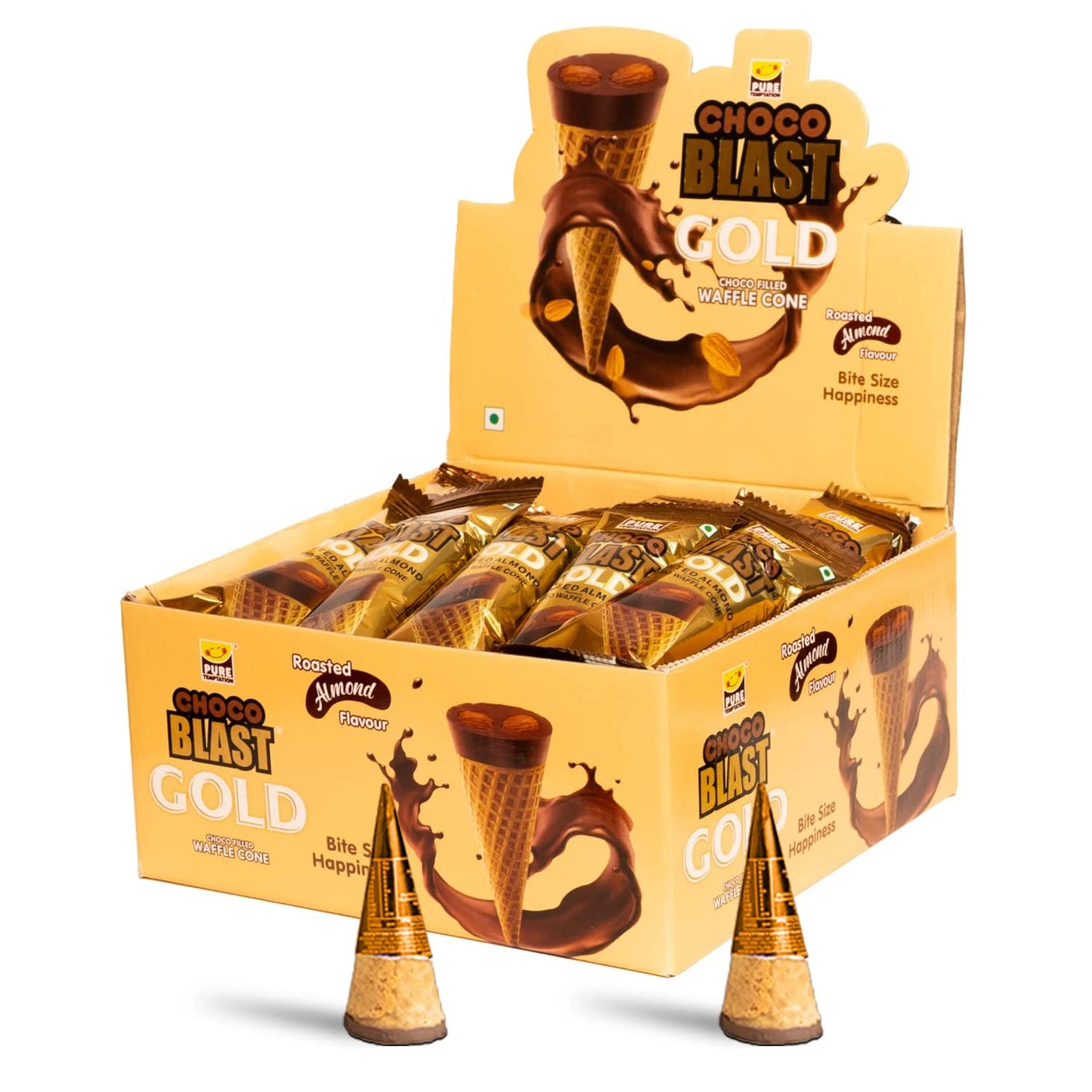 Pure Temptation Chocoblast Roasted Almond Waffle Cones [36 Pcs] Gluten Free Snacks For Kids & Adults - Non-Meltable Chocolate Gi