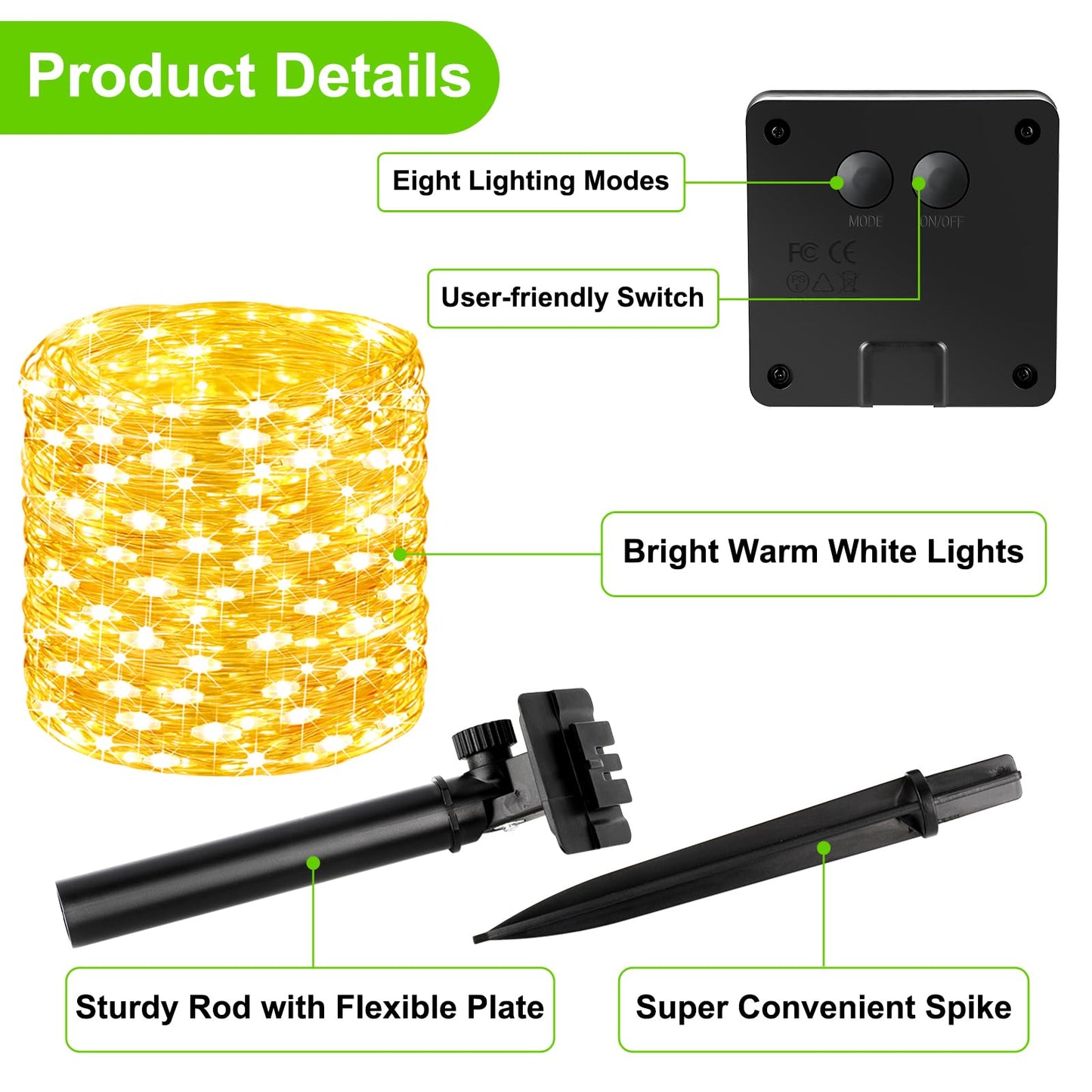 Brightever Outdoor Solar String Lights Waterproof  1-Pack 40Ft 100Led Solar Fairy Lights For Outside With 8 Lighting Modes  Solar Twinkle Lights For Patio Yard Garden Party Decorations (Warm White)