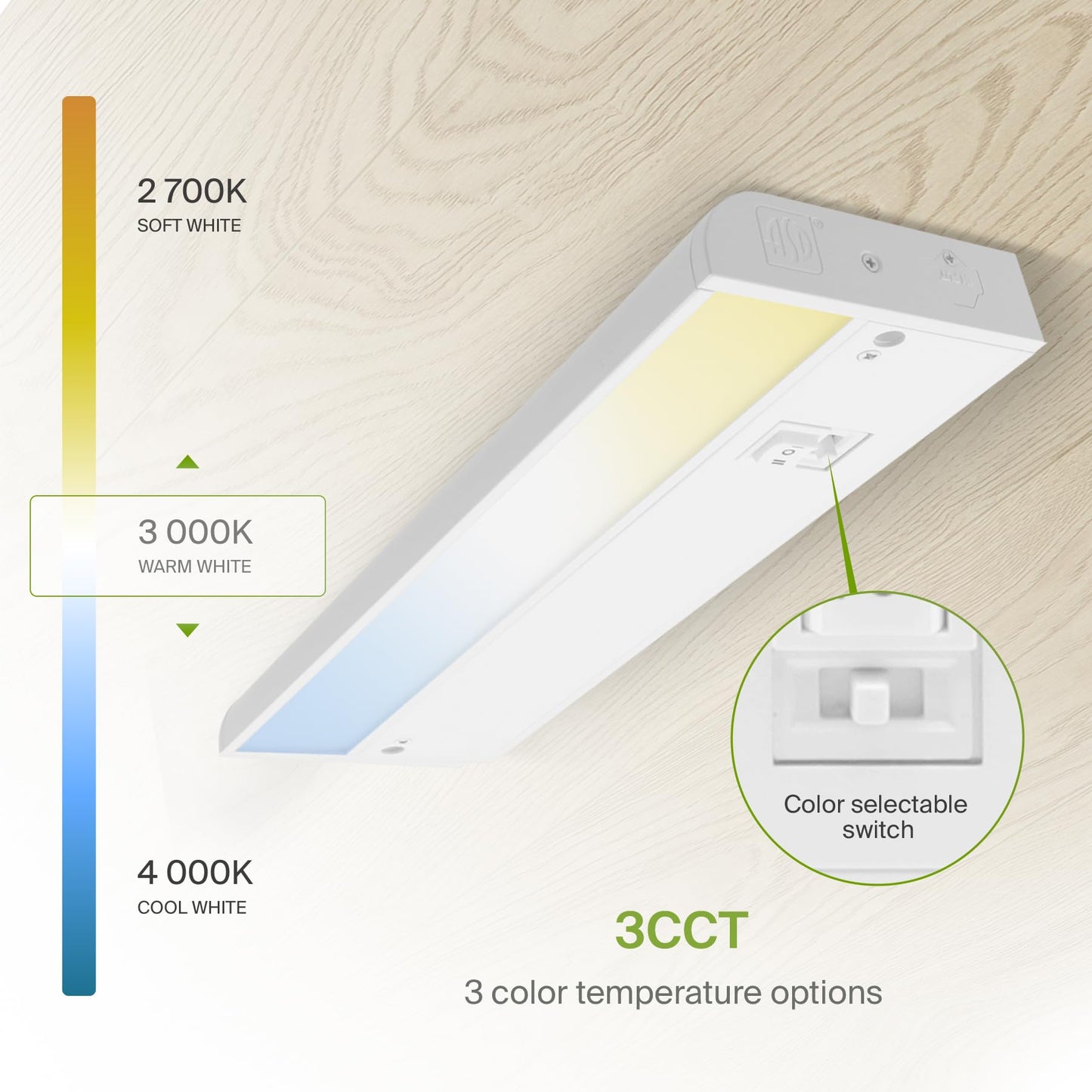 Asd Led Under Cabinet Lighting, 9 Inch, Dimmable, Hardwired/Plug-In, 3 Color Levels, Aluminum, White Finish, Model A-Ucl-9D3Cc-W