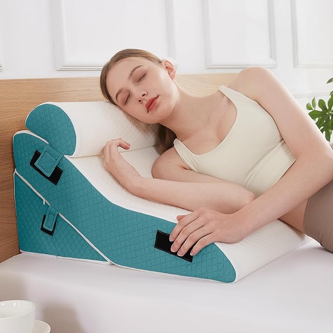 3 PCS Upgraded Bed Wedge Pillow for Sleeping - 35D Post Surgery Pillow for Back Leg Pain Relief - 22" Wide Adjustable Triangle Wedge Pillow Set for Acid Reflux & GERD & Snoring(white blue)