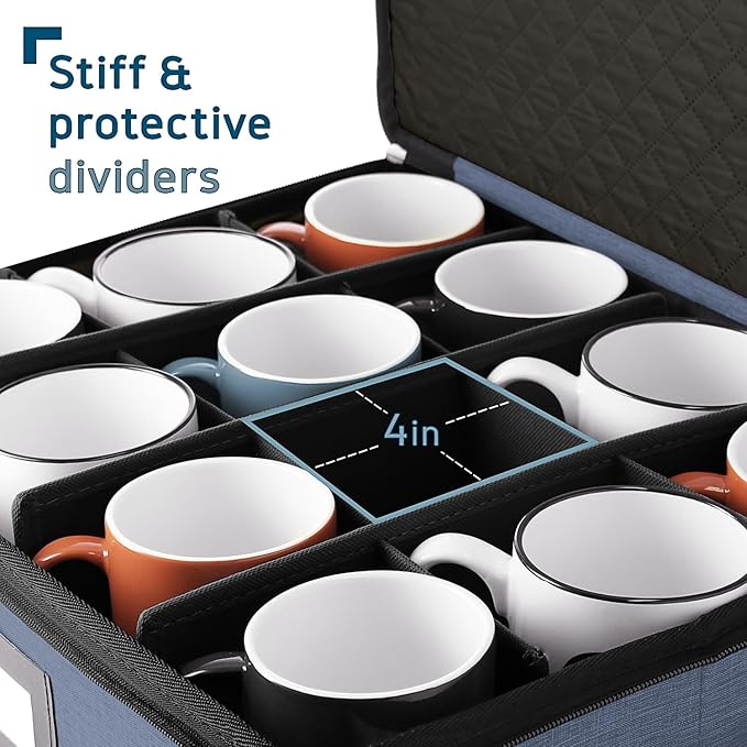 Fine China Storage Containers, 5 Piece Quilted Dish Storage Containers, Mug, Cup, and Plate Dish Organizer with Felt Dividers, Service of 12 Dinnerware Boxes for Moving, Seasonal Organization, Blue