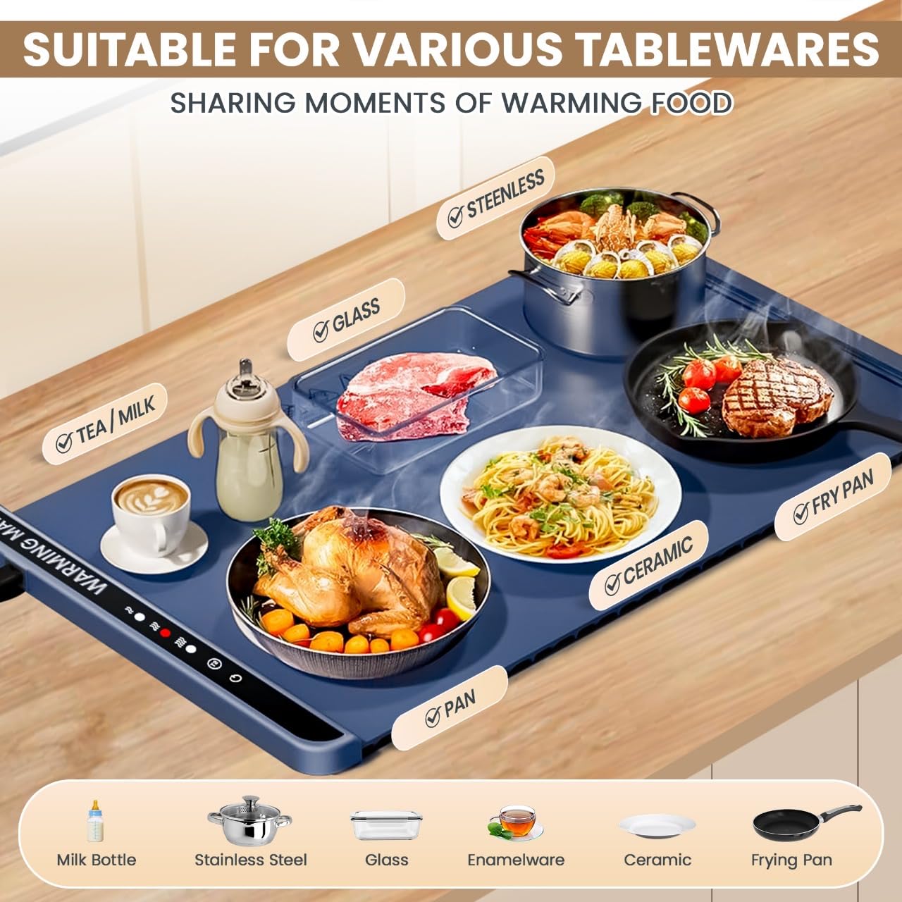 Food Warming Mat for countertop- Full Surface Heating Food Warmer Trays for Buffets Party with Multiple Temperature Settings, Heating Fastly, Portable Design, Timed Function for Your Family (Blue)