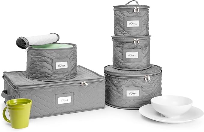 Sorbus China Storage Containers - 5 Pc Quilted Set for Moving & Transporting Dinnerware, Dishes, Round Plates, Glassware, Cups & Mugs with Felt Plate Protectors - Fine China Glass, Plate Storage Cases