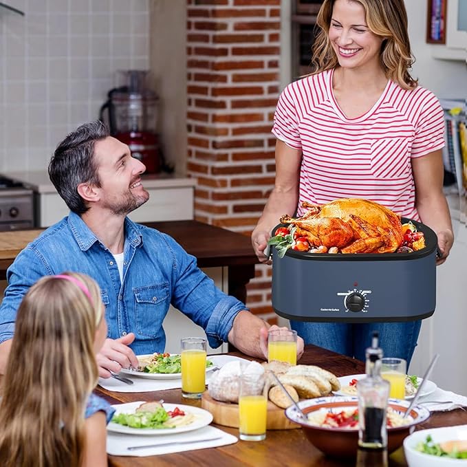 Roaster Oven 28 Quart, Electric Roaster Pan with Visible & Self-Basting Lid, Large Stainless Steel Electric Turkey Roaster Oven Defrost Warm Function, Removable Pan Rack, Fits Turkeys Up to 30LB, Blue