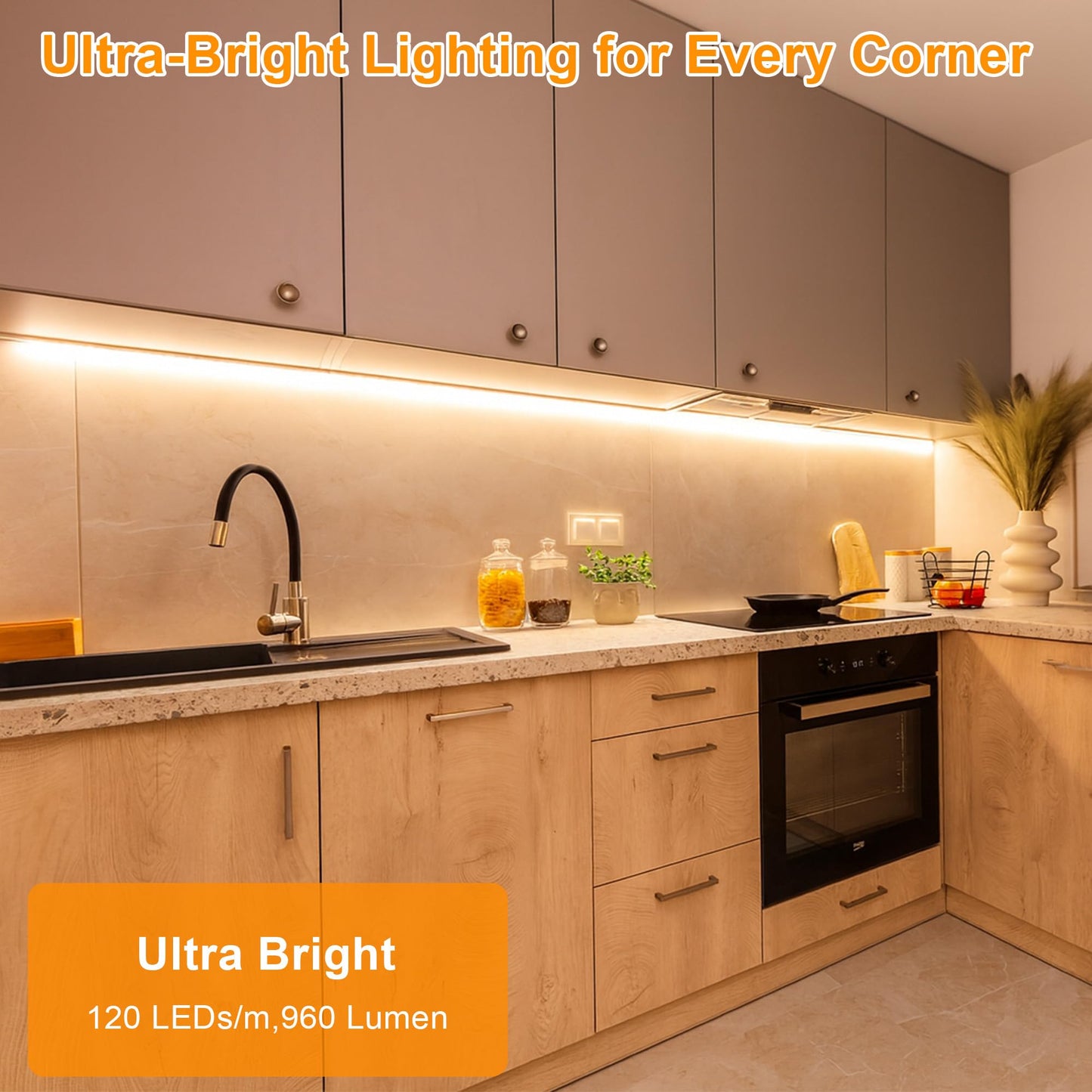 maylit LED Strip Lighting Plug in 24in, Warm White, Ultra Bright, PCB+LED, Model 2700K for Kitchen, Cabinet, Workbench, Indoor