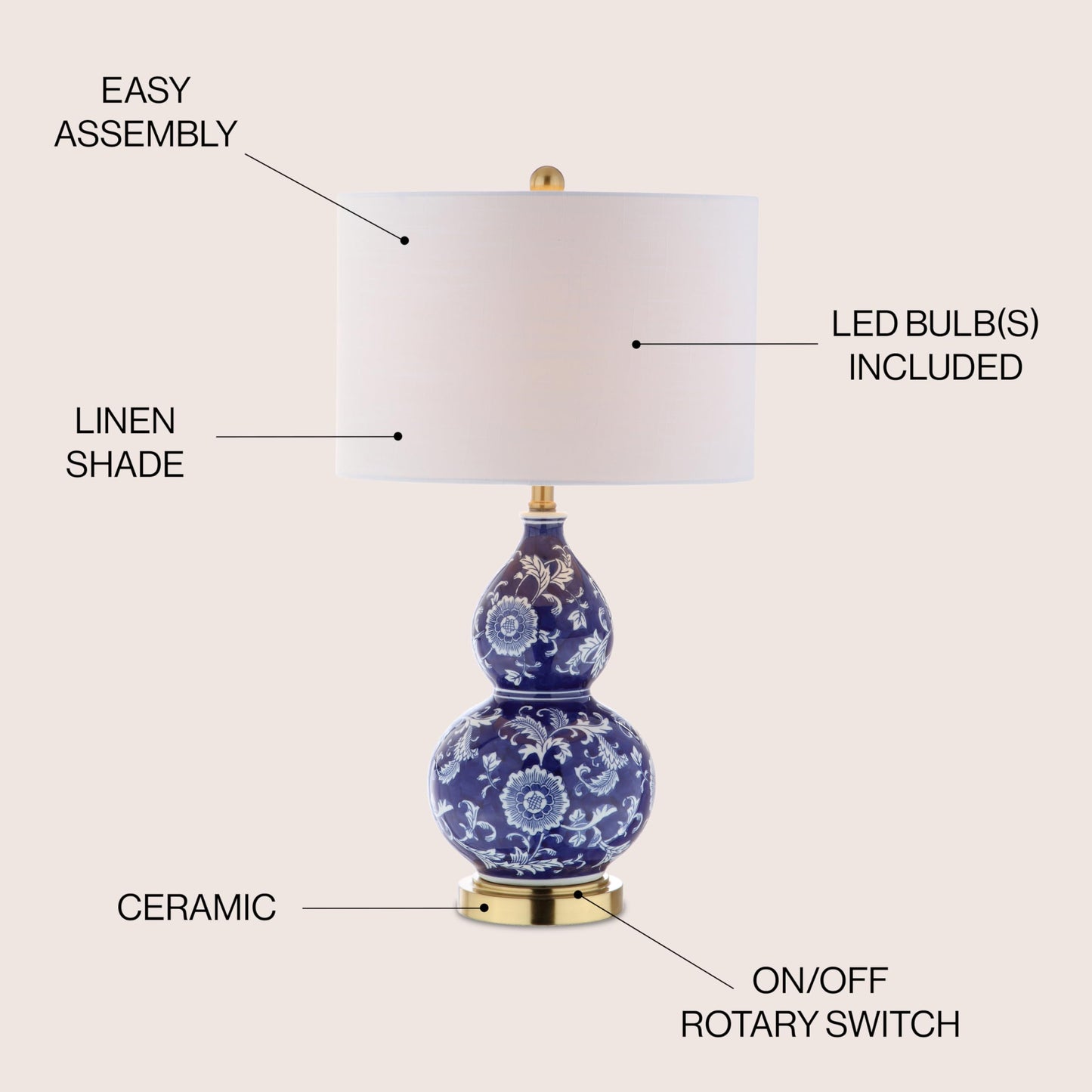 Jonathan Y Ceramic Chinoiserie Led Table Lamp, 27 Blue/White, Model Jyl3003A For Bedroom, Living Room, Office, Led Bulb Included