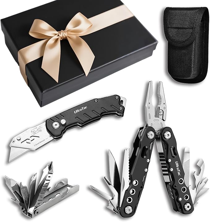 UltraTac Military Grade Multitool Gift Set for Men, Compact Survival Kit for Car Emergency, Christmas or Birthday Gift for Man, Pocket EDC Tools for Camping, Hiking & Quick Fixes - Stainless Steel